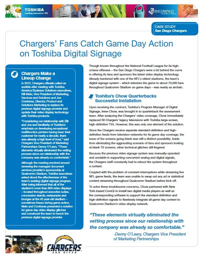 San Diego Chargers, Digital Signage, Toshiba, Data Matrix
