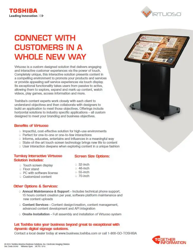 Virtuoso, Brochure, Digital Signage, Toshiba, Data Matrix